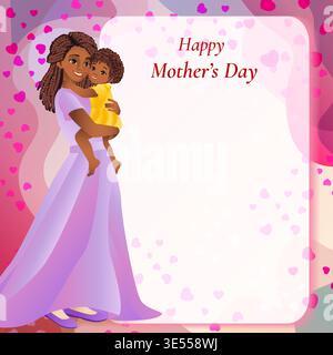 Happy Mothers day square vector illustration with African mother holding toddler with love on background with pink hearts and copy space. Stock Vector
