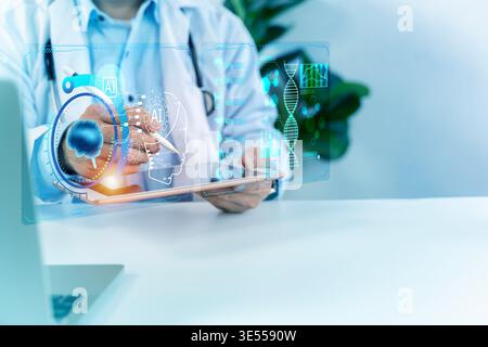 Doctor using tablet with AI medical interface, brain scan and DNA data in modern clinic, representing digital healthcare, diagnostics, telemedicine, g Stock Photo