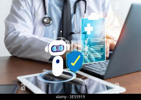Doctor working on laptop with virtual AI healthcare assistant, security shield and digital medical checklist above tablet, representing telemedicine, Stock Photo