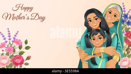Happy Mothers day horizontal vector illustration with three generations of Indian women on floral background with copy space. Stock Vector