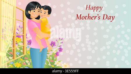 Happy Mothers day horizontal vector illustration with Asian mother holding son in front of window with flowers on bokeh background and copy space. Stock Vector