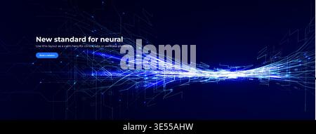 Abstract Digital Transformation AI Neuronal Connection Overflow Light Lines, Blue Neon Glowing Pathway. Innovate Neural Scientific Complex Researching Stock Vector