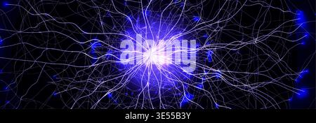 Brain Neural Network Flash Data Flow Technology Background AI Digital Net, Scientific Research. Science Medical Health Tech Banner. Nervous System Stock Vector
