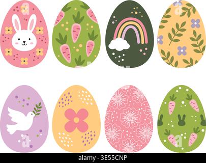 Cute Easter egg set with bunny rainbow dove and flowers in flat vector kawaii style flat Stock Vector