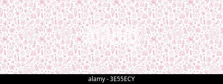 Seamless pastel pink Easter pattern with cute hand drawn bunnies, eggs, flowers and spring elements on white background. doodle style, festive texture for wrapping paper, fabric, wallpaper, and design Stock Vector