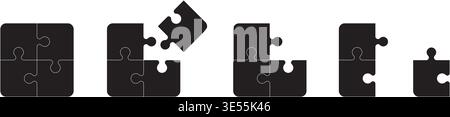 Black puzzle icons showing solving process and completion concept isolated on white background Stock Vector