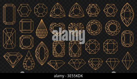 Elegant set of geometric diamond line icons in golden outline style on dark transparent background, perfect for jewelry branding, luxury logos, and gemstone design projects vector illustration Stock Vector