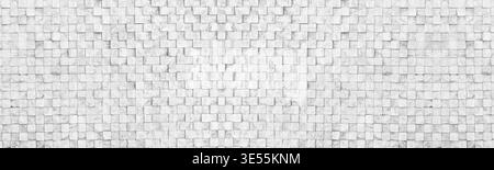 Old shabby distressed white stone brick wall wide texture. Rough whitewashed masonry. Light grey grunge background Stock Photo
