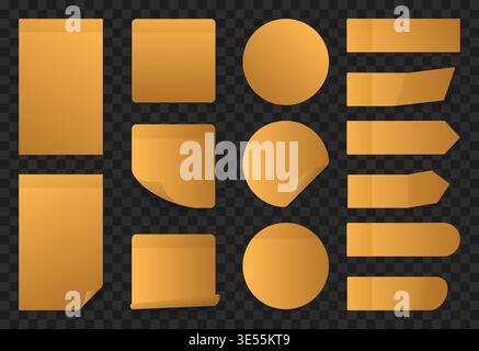 Golden sticky note set with blank rectangular, square, round and ribbon label shapes on transparent background for reminders, memos, tags and web design vector illustration Stock Vector