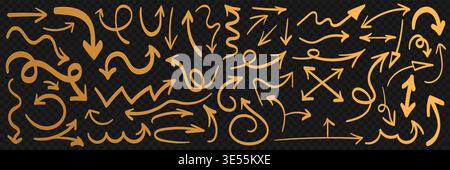Set of golden hand drawn doodle arrows, curved, straight, spiral and sketch directions on dark transparent background for infographic, notes, highlights and design elements vector illustration Stock Vector