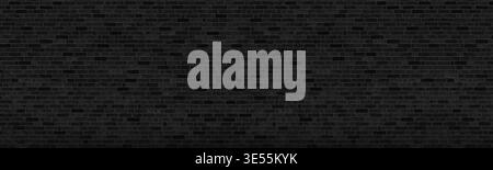 Black shabby brick wall wide panoramic texture. Dark rough brickwork backdrop panorama. Abstract gloomy grunge wallpaper background Stock Photo