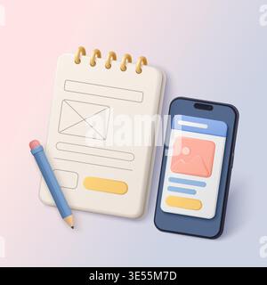 Mobile-first desk 3d concept with smartphone screen, notebook wireframe, pencil showing app interface layout, creative workflow, responsive design process on gradient background vector illustration Stock Vector
