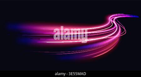 Dynamic purple luminous light trails in perspective on dark background, glowing neon motion lines creating futuristic speed effect for technology, sci fi and abstract design vector illustration Stock Vector