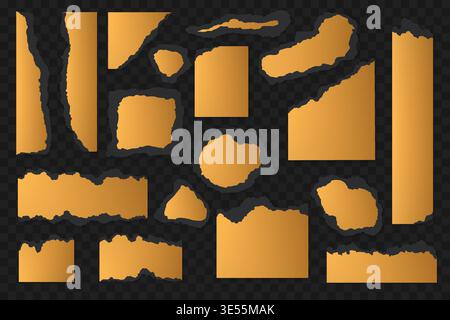 Set of ripped black paper shapes with golden torn edges on transparent background, useful for banners, notes, frames, scrapbooking, web design and creative layouts vector illustration Stock Vector