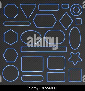 Set of glowing blue neon geometric frames and buttons on transparent dark background, collection of modern UI shapes for banners, labels, and interfaces vector illustration Stock Vector