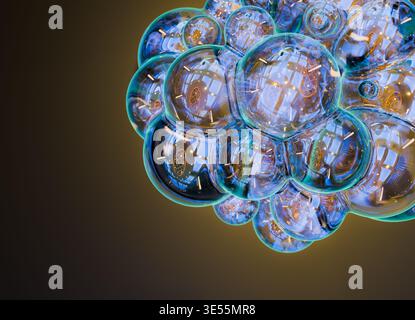 3D rendering of an abstract Liquid Glass cluster composed of interconnected transparent spheres with highly reflective surfaces. Stock Photo