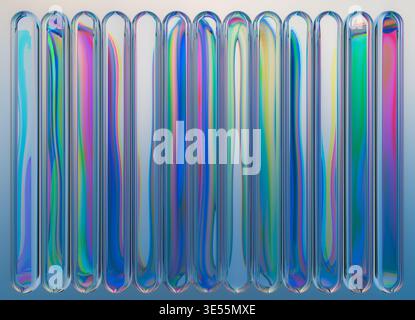 3D rendering of an abstract composition featuring Liquid Glass vertical tubes arranged in a clean repeating structure. Stock Photo