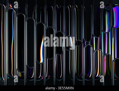 3D rendering of an abstract composition featuring Liquid Glass tubular forms arranged in a vertical pattern. Stock Photo