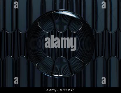 3D rendering of an abstract composition featuring a glossy Liquid Glass sphere set against a dark geometric patterned background. The reflective surfa Stock Photo