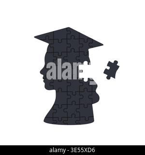 Black puzzle head profile of a female student with graduation cap and flying piece on the right for logic Stock Vector