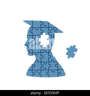 Blue puzzle head profile of a male student with graduation cap and missing piece for learning Stock Vector