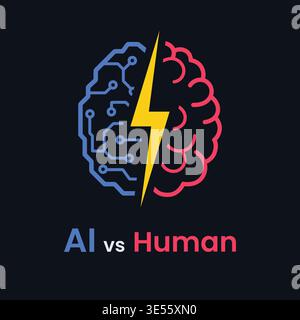 Artificial intelligence vs human brain concept vector illustration. Split brain design with digital circuit side and human organic side divided by lig Stock Vector