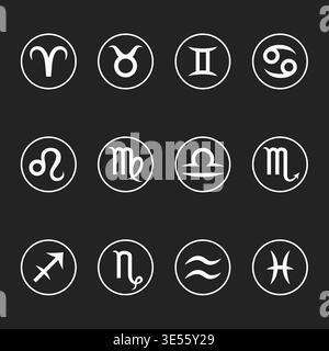 White zodiac symbols arranged neatly against a dark background. Simple clean design, perfect for modern digital projects. Each sign clearly visible wi Stock Vector