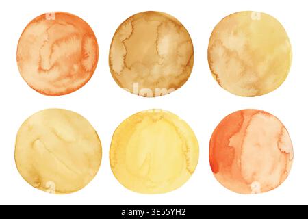 Watercolor Hand Painted Circles Set. Yellow circle, aquarelle blobs isolated on white background. Vector watercolour paint orange round stains Stock Vector
