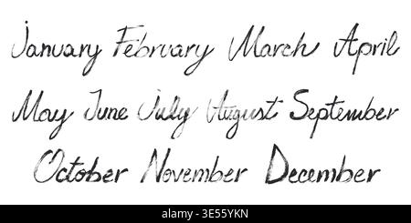 Grunge Brush Months of the Year Calligraphy. Handwritten vector months names brush stroke lettering. Cursive hand drawn 12 calendar months for planner Stock Vector
