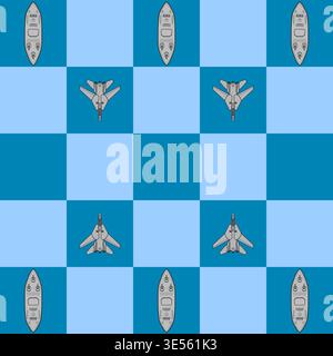 Seamless vector pattern featuring warships and fighter jets arranged on a chessboard grid, symbolizing military strategy, naval power, and air force Stock Vector