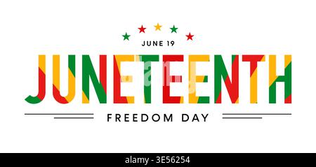 Freedom Day text on isolated background, Juneteenth typography with yellow, red and green flag, Emancipation Day lettering banner, June 19 vector logo Stock Vector