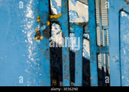 blue railing, old building Stock Photo