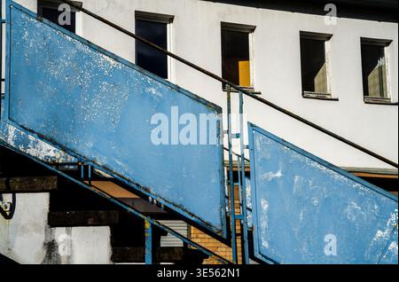 blue railing, old building Stock Photo
