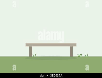 Serene empty outdoor bench on lush green grass, calm nature scene. Perfect for design templates. Stock Vector