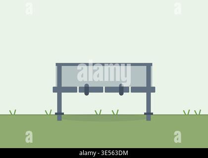 Empty grey park bench vector graphic, depicting public outdoor relaxation space on green lawn. Minimalist landscape. Stock Vector