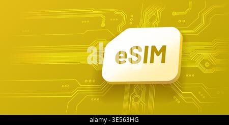 eSIM icon on a vibrant yellow background with circuit board pattern, representing modern digital cellular technology. Vector illustration Stock Vector