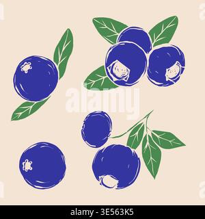 Blueberries and leaves printed on risograph, background for fabrics, textiles, packaging and wallpaper. Vector illustration Stock Vector