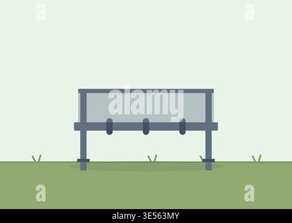 Outdoor park seating, clean vector artwork with blue bench, green grass, light sky background. Stock Vector