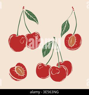 Red cherry. The effect of risograph printing. Design element for posters, postcards, greeting cards, wallpapers, fabrics, t-shirts, logos Stock Vector