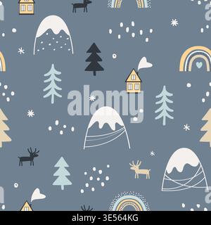Seamless pattern with cartoon winter landscape. Hand drawing Nursery Christmas Vector illustration Stock Vector