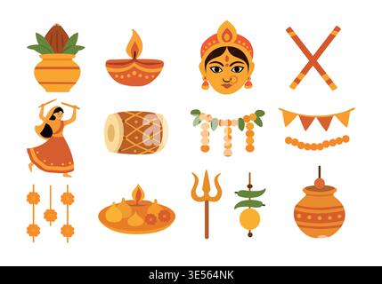 set of traditional Indian festival icons including diya lamps, kalash, garlands, sweets and religious symbols in flat style, perfect for cultural Stock Vector