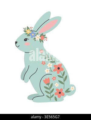 Cute mint blue Easter bunny with floral pattern and wreath. Flat vector illustration Stock Vector