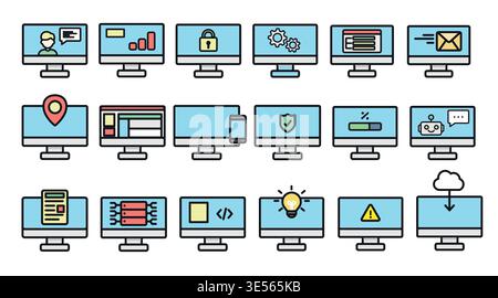 Desktop computer icon set with technology symbols in soft pastel colors Stock Vector