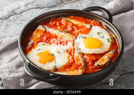 Delicious fried eggs with sardines in vegetable tomato sauce close-up in a frying pan on the table. Horizontal Stock Photo