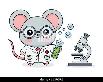 Cute cartoon rat researcher in lab coat with scientific microscope and bubbling Stock Vector
