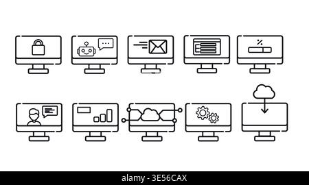 Desktop computer icons set with business and technology symbols. Stock Vector