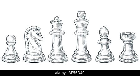 Chess figures set. Vector hand drawn sketch illustration. Classic strategy game concept. Design elements for education, competition and creative Stock Vector