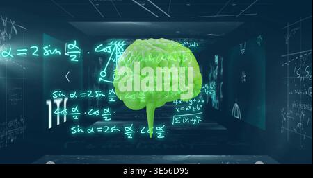 Floating neon green brain model glowing with cyan formulas in dark tunnel chamber, chalk equations Stock Photo