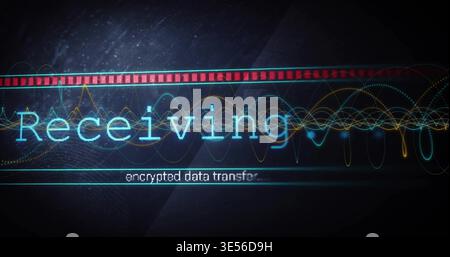 Displaying large cyan word Receiving on dark HUD screen, showing waveform traces and red strip Stock Photo