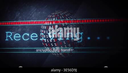 Rotating binary sphere pulsing at digital interface, displaying cyan Receiving Stock Photo